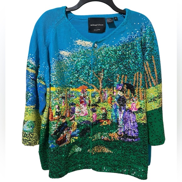 Michael Simon Sweaters - MICHAEL SIMON Vintage Seurat Sunday Afternoon sequined button front cardigan 3X